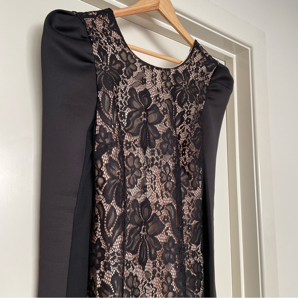 NWOT Lace Bodycon Mini Dress -Elegant Puff shoulders, sheer long sleeves🖤🤍 - Picture 3 of 5